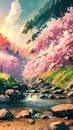 A beautiful vintage styled watercolour painting of a Japanese Landscape