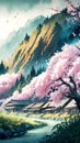 A beautiful vintage styled watercolour painting of a Japanese Landscape