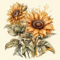 beautiful vintage sunflowers illustration