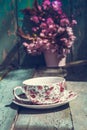 Beautiful, vintage teacup with roses, close up