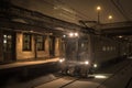 Beautiful vintage train station with train arriving in the snow on overcast night