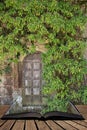 Beautiful vintage Victorian mansion entrance door surrounded by plants and tree coming out of pages of open story book