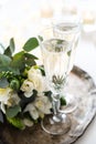 Beautiful vintage wedding decoration with champagne and white fl Royalty Free Stock Photo