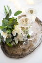 Beautiful vintage wedding decoration with champagne and white fl Royalty Free Stock Photo