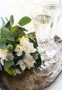 Beautiful vintage wedding decoration with champagne and white fl Royalty Free Stock Photo