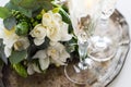 Beautiful vintage wedding decoration with champagne and white fl Royalty Free Stock Photo