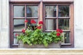 Beautiful vintage wooden window painted in brown color. Wooden box with flowers on the windowsill. Royalty Free Stock Photo