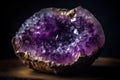 Beautiful amethyst geode glowing in morning light on wooden shelf of a gemstone store. Generative AI