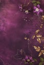 Beautiful violet vertical botanical background with clematis flowers and space for text, nature backdrop with copy space on grunge