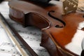 Beautiful violin, bow and note sheets