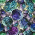 Beautiful vivid blue roses  on blurred background. Seamless floral pattern. Watercolor painting. Hand drawn illustration Royalty Free Stock Photo