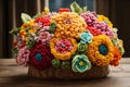 Beautiful vivid colorful knitted flowers made yarn in a wicker basket on wooden table in home room Royalty Free Stock Photo