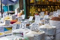 Beautiful vivid oriental market with bags full of various spices