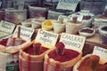 Beautiful vivid oriental market with bags full of various spices