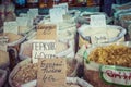 Beautiful vivid oriental market with bags full of various spices