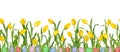 Beautiful vivid yellow tulips on long stems with green leaves and colorful Easter eggs in seamless pattern.