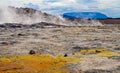Beautiful volcanic gas steaming landscape, geothermal field with fumaroles, yellow sulfur deposits - Seltun Krysuvik Iceland