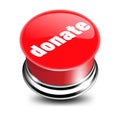Beautiful volumetric donation button, 3d red glossy metal icon, vector.