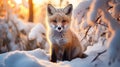 Beautiful vulpes fox against the backdrop of a snowy winter forest with a bushy tail, hunting in the freshly fallen snow