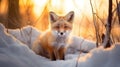 Beautiful vulpes fox against the backdrop of a snowy winter forest with a bushy tail, hunting in the freshly fallen snow