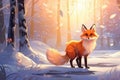 Beautiful vulpes fox against the backdrop of a snowy winter forest with a bushy tail, hunting in the freshly fallen snow