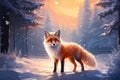 Beautiful vulpes fox against the backdrop of a snowy winter forest with a bushy tail, hunting in the freshly fallen snow