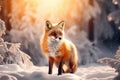 Beautiful vulpes fox against the backdrop of a snowy winter forest with a bushy tail, hunting in the freshly fallen snow