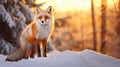 Beautiful vulpes fox against the backdrop of a snowy winter forest with a bushy tail, hunting in the freshly fallen snow