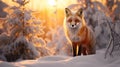 Beautiful vulpes fox against the backdrop of a snowy winter forest with a bushy tail, hunting in the freshly fallen snow