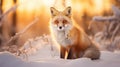 Beautiful vulpes fox against the backdrop of a snowy winter forest with a bushy tail, hunting in the freshly fallen snow