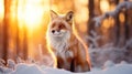 Beautiful vulpes fox against the backdrop of a snowy winter forest with a bushy tail, hunting in the freshly fallen snow