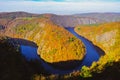 Beautiful Vyhlidka Maj, Lookout Maj, near Teletin, Czech Republic. Meander of the river Vltava surrounded by colorful autumn Royalty Free Stock Photo