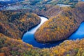 Beautiful Vyhlidka Maj, Lookout Maj, near Teletin, Czech Republic. Meander of the river Vltava surrounded by colorful autumn Royalty Free Stock Photo