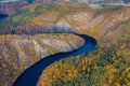 Beautiful Vyhlidka Maj, Lookout Maj, near Teletin, Czech Republic. Meander of the river Vltava surrounded by colorful autumn Royalty Free Stock Photo