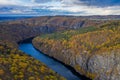 Beautiful Vyhlidka Maj, Lookout Maj, near Teletin, Czech Republic. Meander of the river Vltava surrounded by colorful autumn Royalty Free Stock Photo