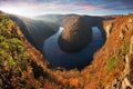 Beautiful Vyhlidka Maj, Lookout Maj, near Teletin, Czech Republic. Meander of the river Vltava surrounded by colorful autumn Royalty Free Stock Photo