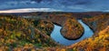 Beautiful Vyhlidka Maj, Lookout Maj, near Teletin, Czech Republic. Meander of the river Vltava surrounded by colorful autumn Royalty Free Stock Photo