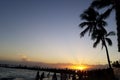 Beautiful Waikiki sunset silhouette Palm trees tropical amazing Beach waves Clouds blue sky Royalty Free Stock Photo