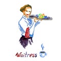 Beautiful waitress holding tray with plates, watercolor abstract splash collection, hand painted illustration design element