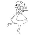 Beautiful waitress with tray. Coloring page.