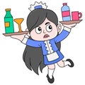 Beautiful waitress woman is bringing menu to serve, doodle icon image kawaii