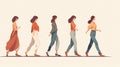 beautiful walking women in a row, cartoon sketch, ai generated image