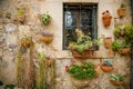Beautiful wall with flower pots on a traditional house in small village Valldemossa, Mallorca Royalty Free Stock Photo
