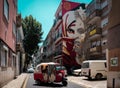 Vhils and Obey wallpaiting with a tuk tuk