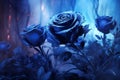 Beautiful wallpaper with blue roses in the mystical moonlight, generative ai