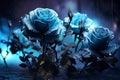 Beautiful wallpaper with blue roses in the mystical moonlight, generative ai