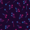 Beautiful wallpaper of hallucinogenic mushrooms in blue and pink colors. Stylish sticker of colored fly agarics on a dark