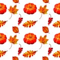 Beautiful warm seamless pattern with pumpkin, autumn leaves and berries Royalty Free Stock Photo