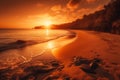 beautiful warm sunset on the seashore, soft calm waves of sea water in the warm light of the golden sun generative ai