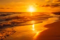 beautiful warm sunset on the seashore, soft calm waves of sea water in the warm light of the golden sun generative ai